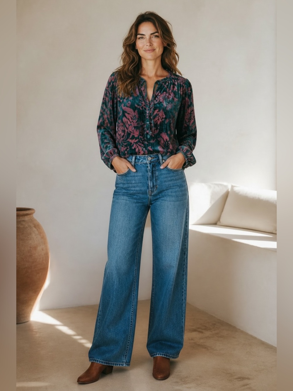 Anthropologie Faustine Velvet Peasant Blouse Boho Floral